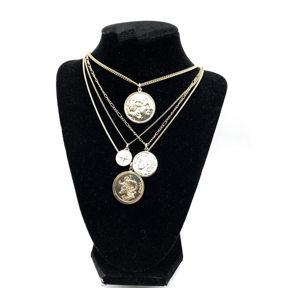 Roman Coin Layered Necklace NWOT Gold Tone Multi Strand Waterfall